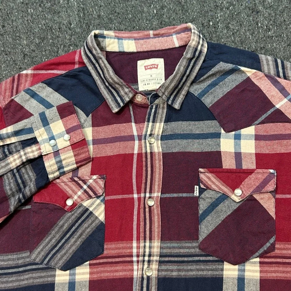 Levis Western Shirt XL Mens Red‎ Blue Plaid Pearl Snap Flannel Americana Rugged